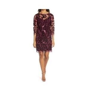 Donna Ricco Dress Sheath Velvet Embroidered Sequin Mesh Wine Size 8 Bordeaux